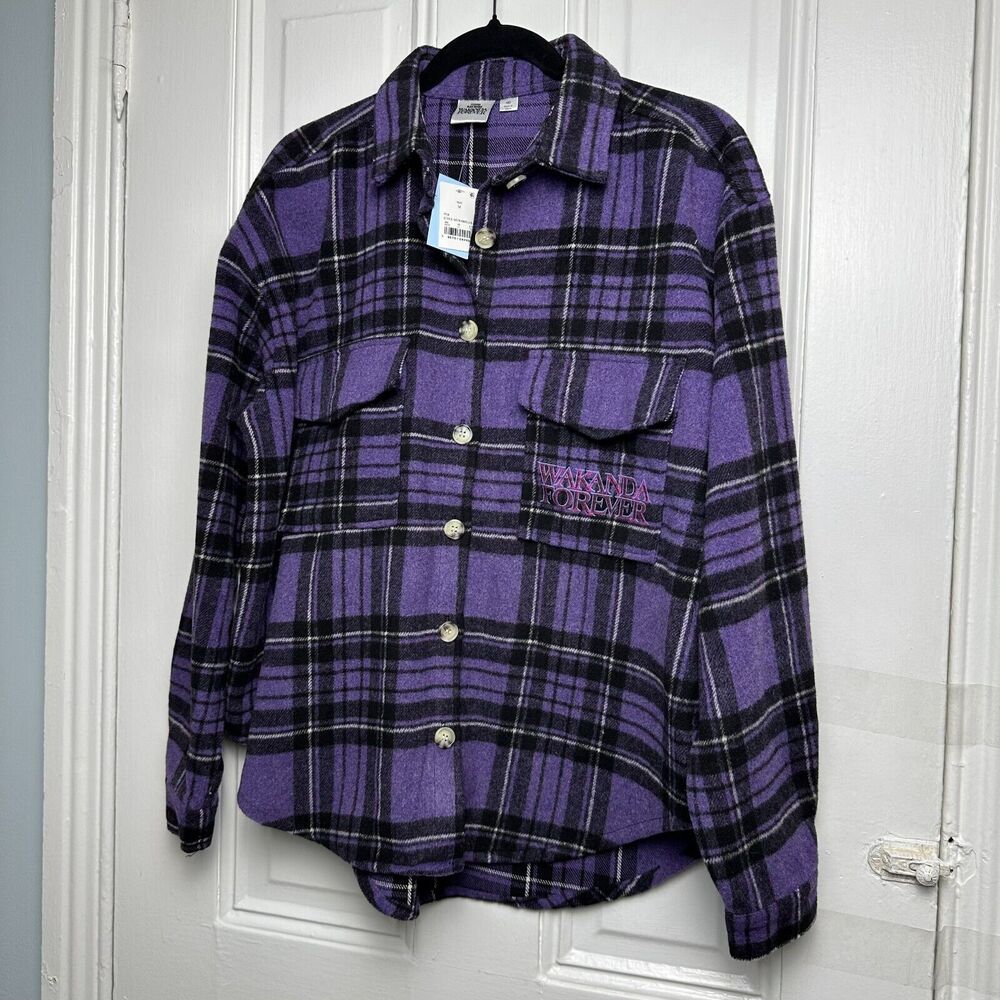 Black Panther Wakanda Forever Shirt Womens Purple Black Plaid Shacket NWT